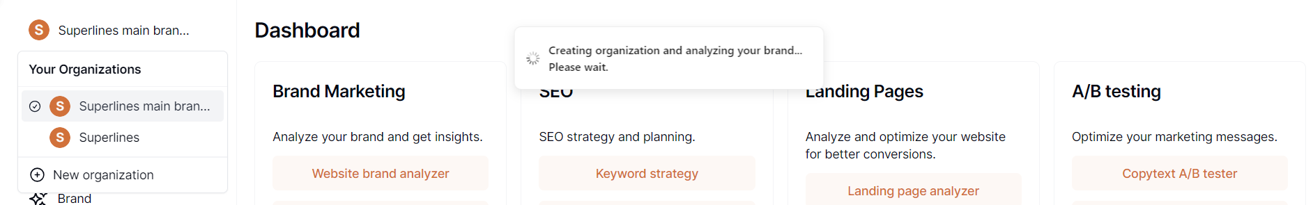 Superlines - creating an organization Creating an Organization