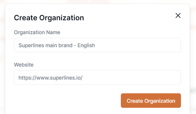 Superlines - create organization modal Create an Organization Modal